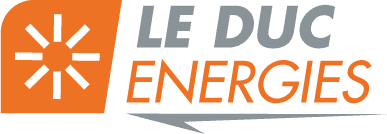 Logo Le Duc Energies avec un soleil blanc stylisé sur fond orange et texte en gris et orange.